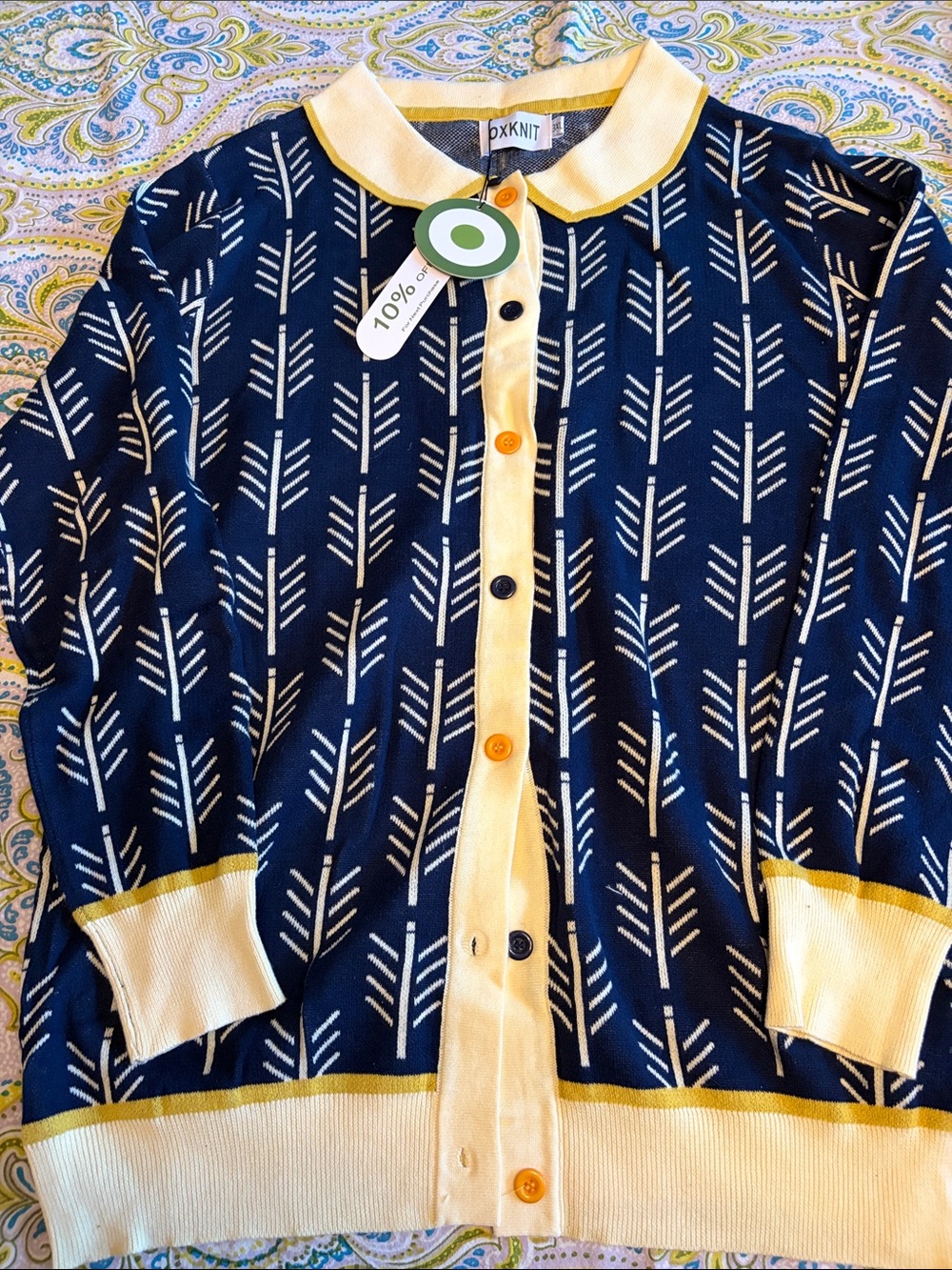 OXKNIT Knit Navy and Cream Arrow-Pattern Cardigan with Yellow Trim